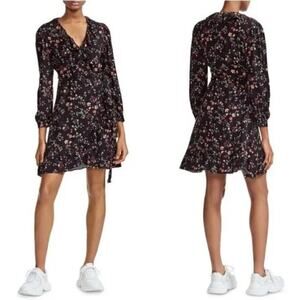 Maje Rosalio Black Floral Wrap Dress with Ruffle Trim, Size S/1